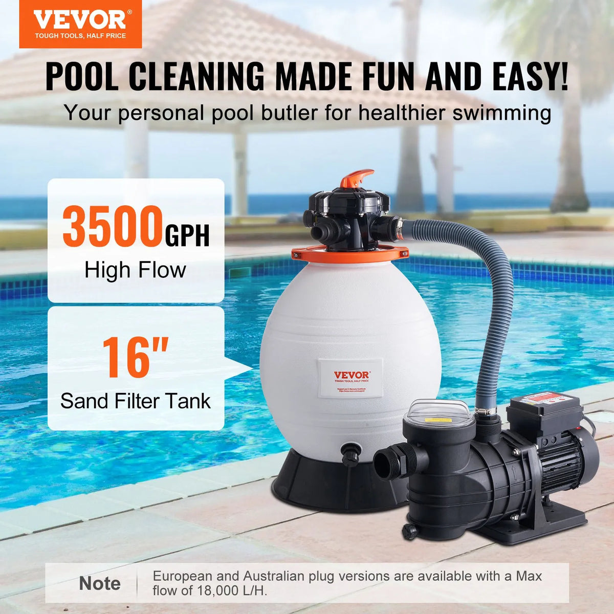 VEVOR Sand Filter Pump for Above Ground Pools, 400 mm, 18,000 l/h, 850 W, Pool Pump and Filter Set with 6-Way Multiport Valve and Strainer Basket, for Home and Commercial Use
