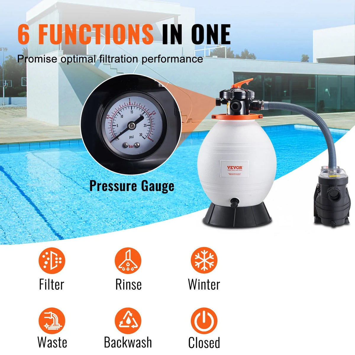 VEVOR Sand Filter Pump for Above Ground Pools, 400 mm, 18,000 l/h, 850 W, Pool Pump and Filter Set with 6-Way Multiport Valve and Strainer Basket, for Home and Commercial Use