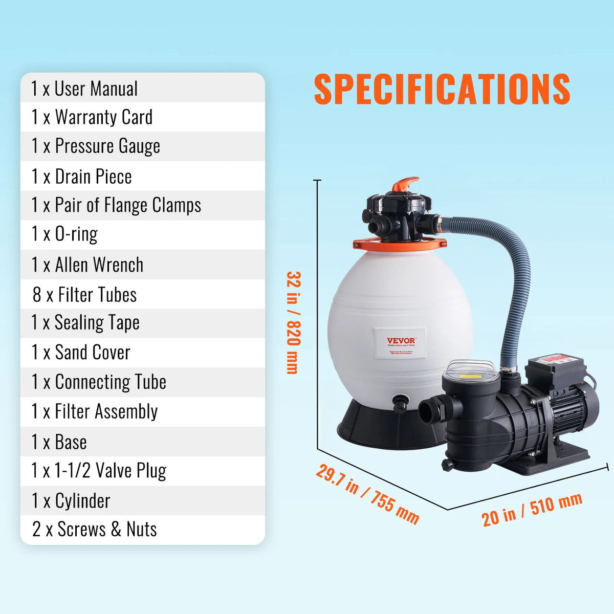 VEVOR Sand Filter Pump for Above Ground Pools, 400 mm, 18,000 l/h, 850 W, Pool Pump and Filter Set with 6-Way Multiport Valve and Strainer Basket, for Home and Commercial Use