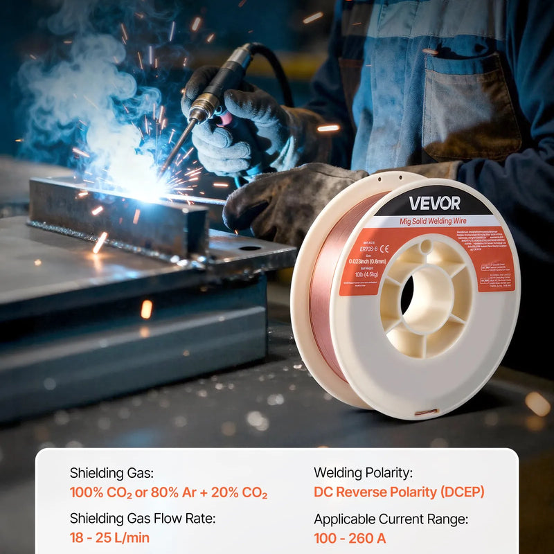 VEVOR MIG metināšanas stieple ER70S-6, 0,6 mm, 4,5 kg, zema šļakstīšanās, ar paaugstinātu deoksidētāju saturu, tērauda metināšanai aizsarggāzes vidē
