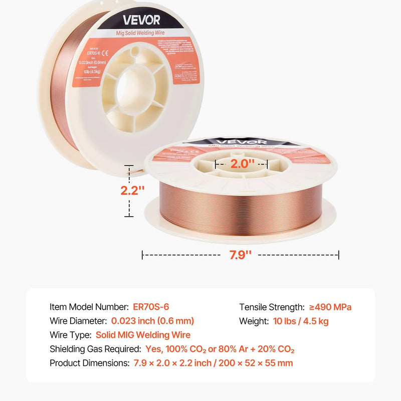 VEVOR MIG metināšanas stieple ER70S-6, 0,6 mm, 4,5 kg, zema šļakstīšanās, ar paaugstinātu deoksidētāju saturu, tērauda metināšanai aizsarggāzes vidē
