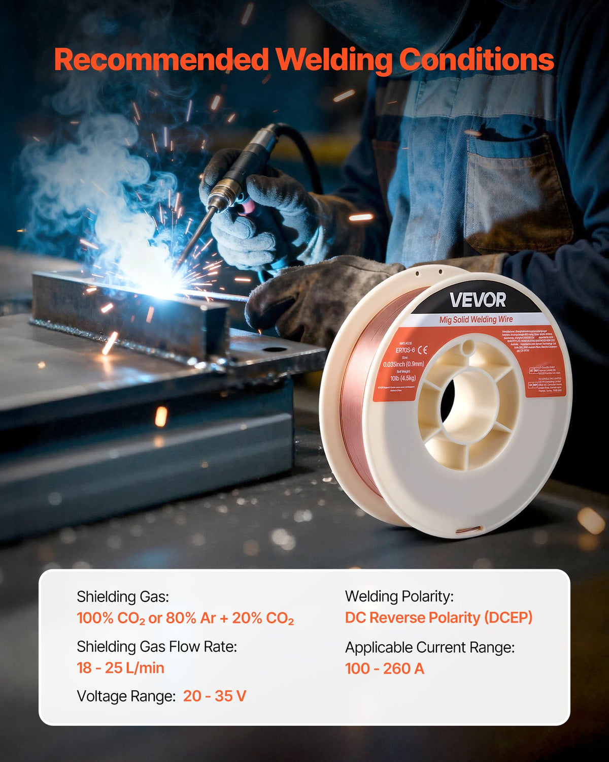 VEVOR MIG Welding Wire ER70S-6, Ø0.9 mm, 4.5 kg, Low Spatter, High Deoxidiser Content, Mild Steel Welding in Shielding Gas All Positions