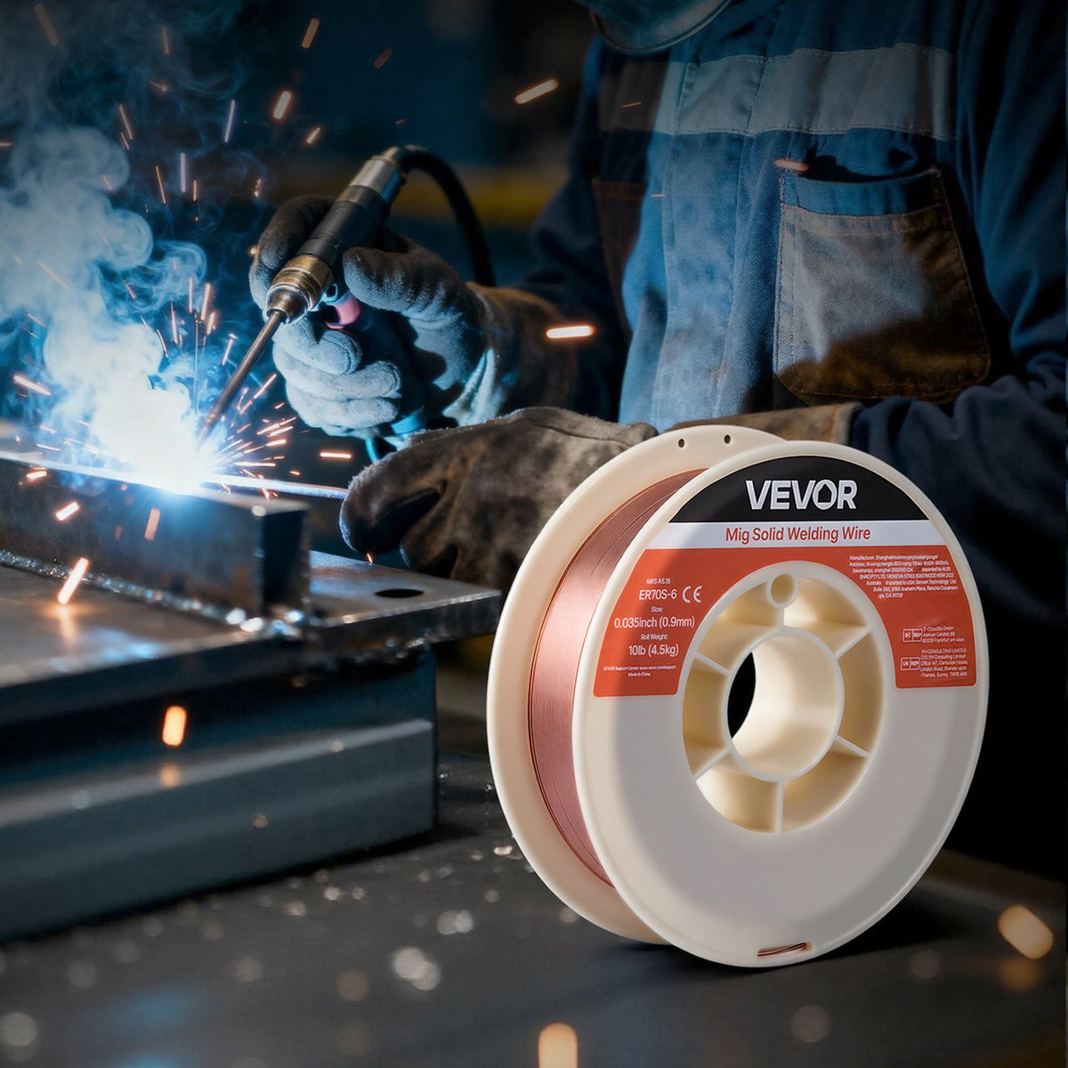 VEVOR MIG Welding Wire ER70S-6, Ø0.9 mm, 4.5 kg, Low Spatter, High Deoxidiser Content, Mild Steel Welding in Shielding Gas All Positions
