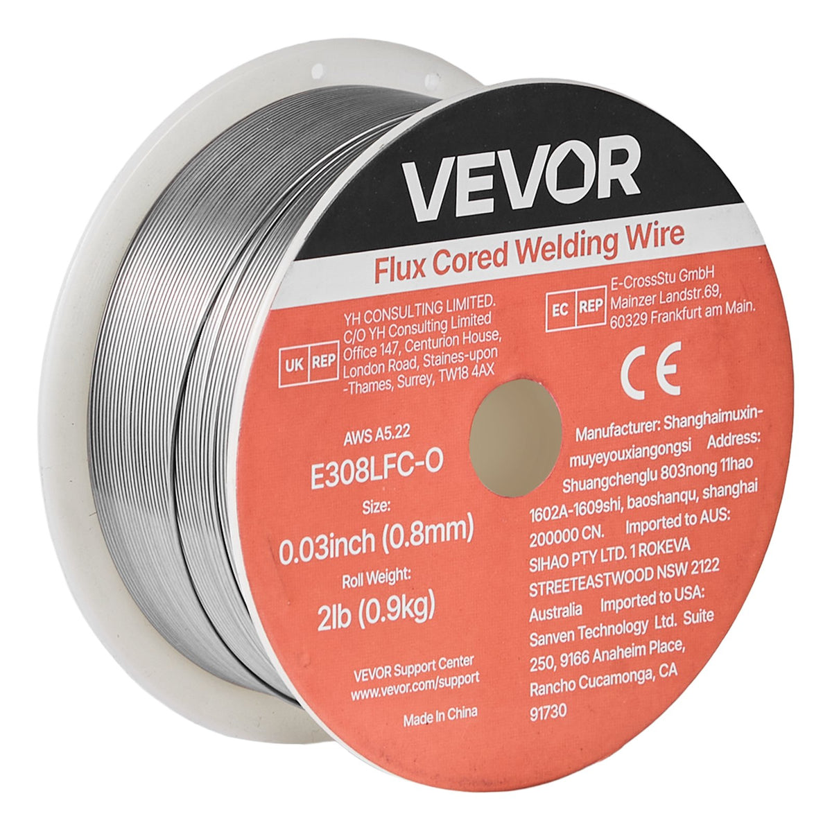 VEVOR Self-Shielded Stainless Steel Flux-Cored Wire E308LFC-O, Ø0.8 mm, 0.9 kg, Gasless MIG Welding, Low Spatter, Suitable for All Welding Positions and Outdoor Work