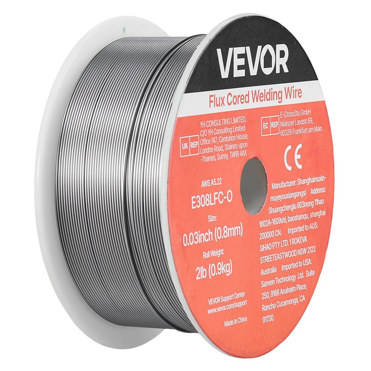 VEVOR Self-Shielded Stainless Steel Flux-Cored Wire E308LFC-O, Ø0.8 mm, 0.9 kg, Gasless MIG Welding, Low Spatter, Suitable for All Welding Positions and Outdoor Work