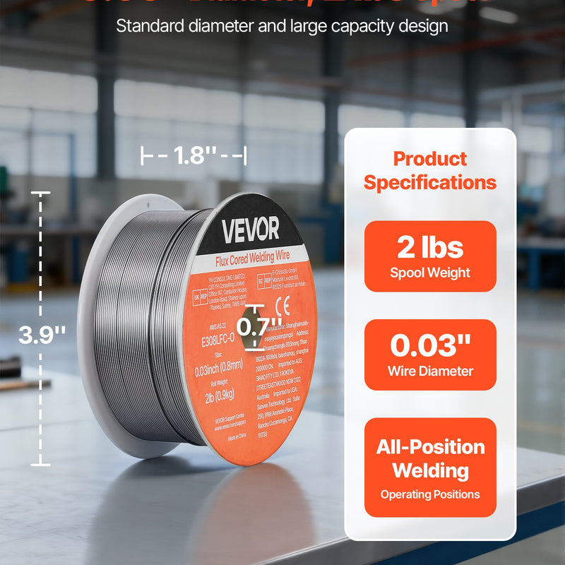 VEVOR pašekranētā nerūsējošā tērauda pulverstieple E308LFC-O, Ø0,8 mm, 0,9 kg, bezgāzes MIG metināšanai, zema šļakstīšanās, piemērota visām metināšanas pozīcijām un darbam ārā