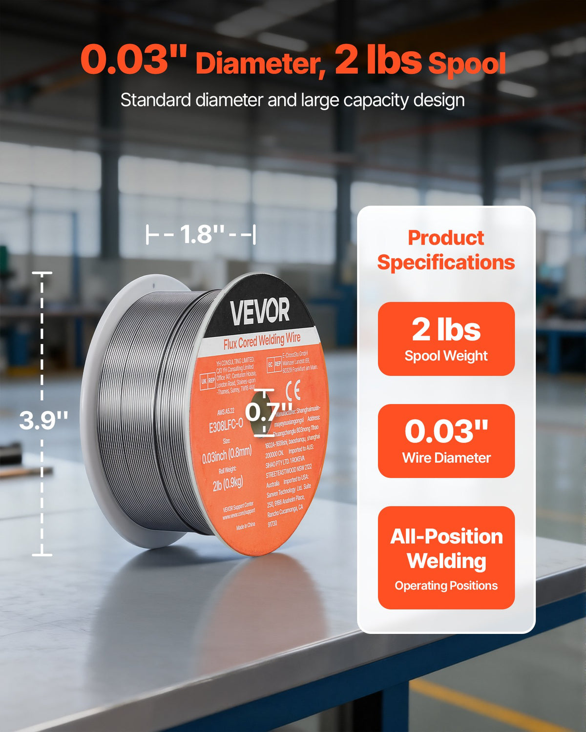 VEVOR Self-Shielded Stainless Steel Flux-Cored Wire E308LFC-O, Ø0.8 mm, 0.9 kg, Gasless MIG Welding, Low Spatter, Suitable for All Welding Positions and Outdoor Work