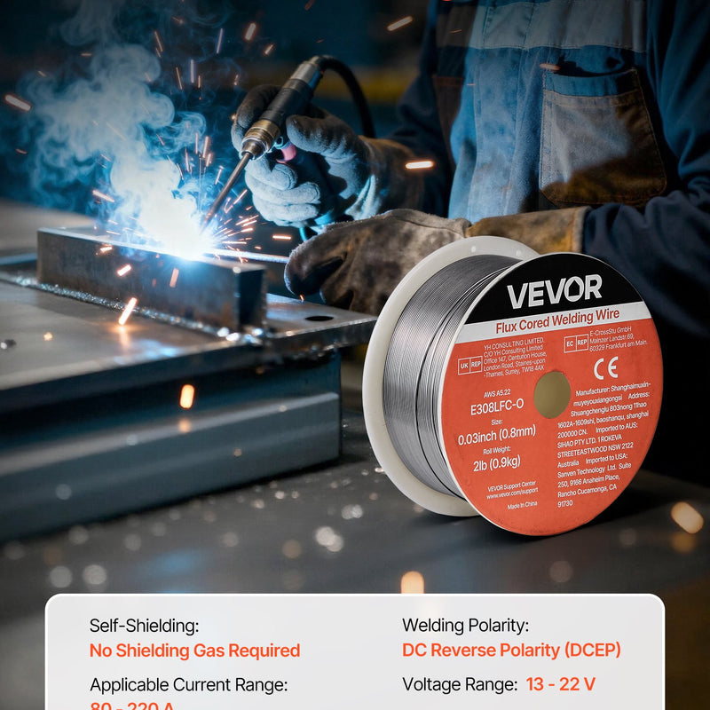 VEVOR pašekranētā nerūsējošā tērauda pulverstieple E308LFC-O, Ø0,8 mm, 0,9 kg, bezgāzes MIG metināšanai, zema šļakstīšanās, piemērota visām metināšanas pozīcijām un darbam ārā