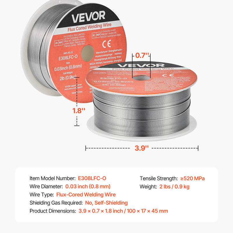VEVOR pašekranētā nerūsējošā tērauda pulverstieple E308LFC-O, Ø0,8 mm, 0,9 kg, bezgāzes MIG metināšanai, zema šļakstīšanās, piemērota visām metināšanas pozīcijām un darbam ārā