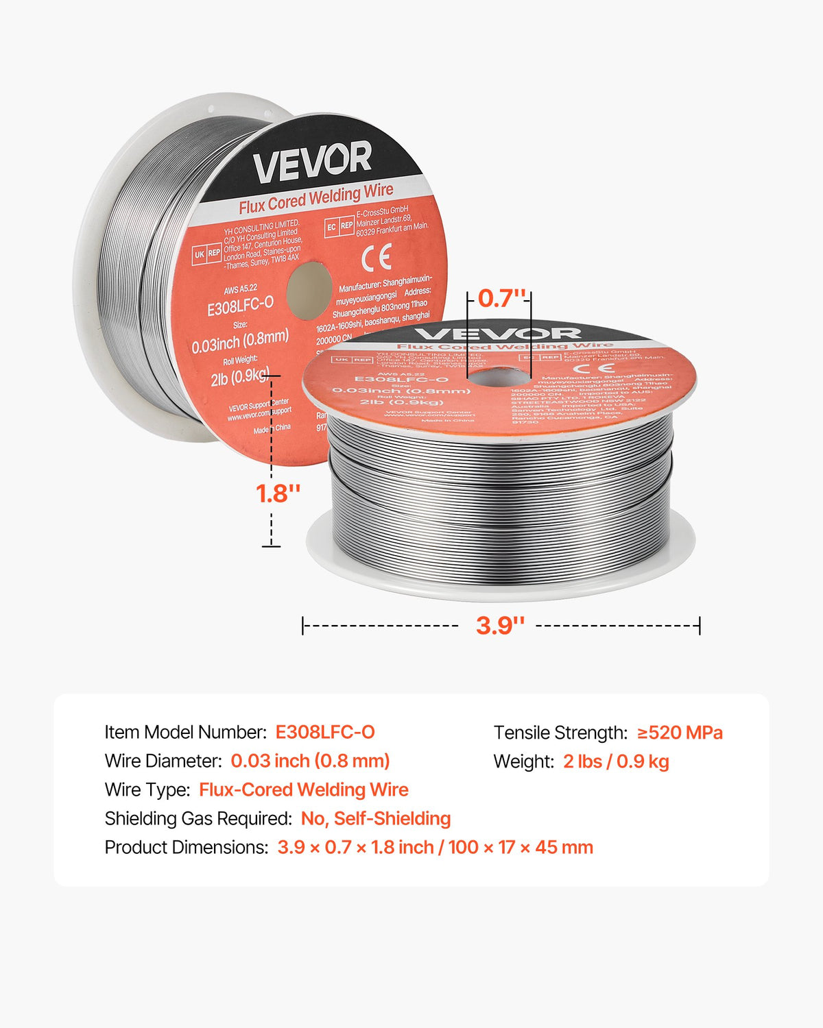 VEVOR Self-Shielded Stainless Steel Flux-Cored Wire E308LFC-O, Ø0.8 mm, 0.9 kg, Gasless MIG Welding, Low Spatter, Suitable for All Welding Positions and Outdoor Work