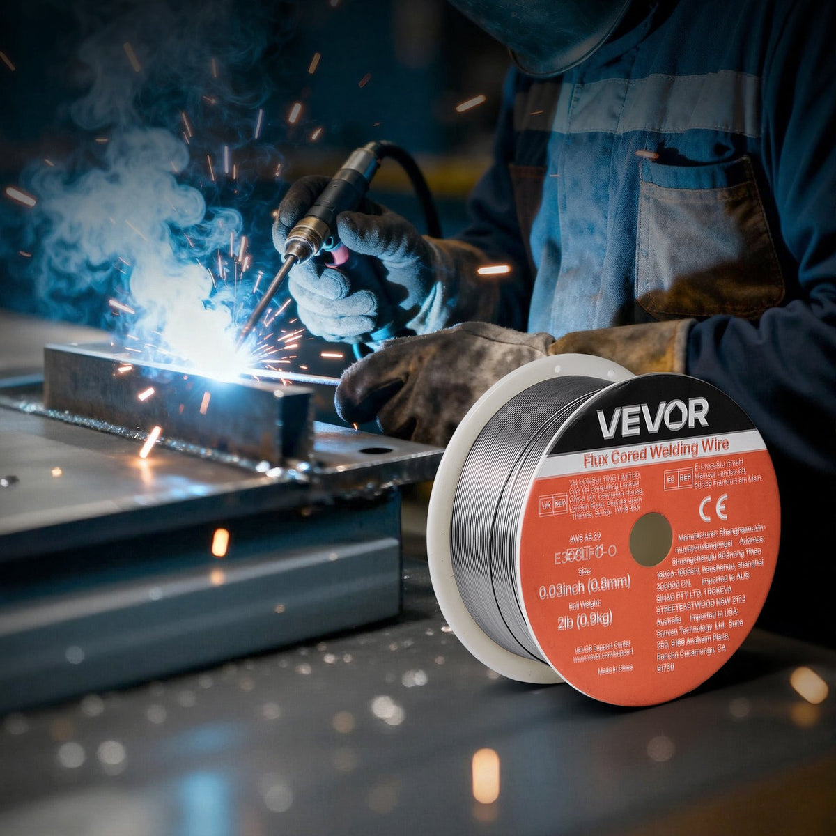 VEVOR Self-Shielded Stainless Steel Flux-Cored Wire E308LFC-O, Ø0.8 mm, 0.9 kg, Gasless MIG Welding, Low Spatter, Suitable for All Welding Positions and Outdoor Work