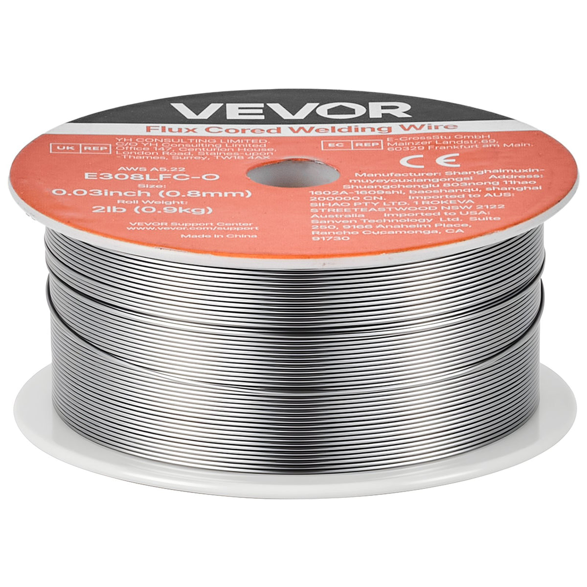 VEVOR Self-Shielded Stainless Steel Flux-Cored Wire E308LFC-O, Ø0.8 mm, 0.9 kg, Gasless MIG Welding, Low Spatter, Suitable for All Welding Positions and Outdoor Work