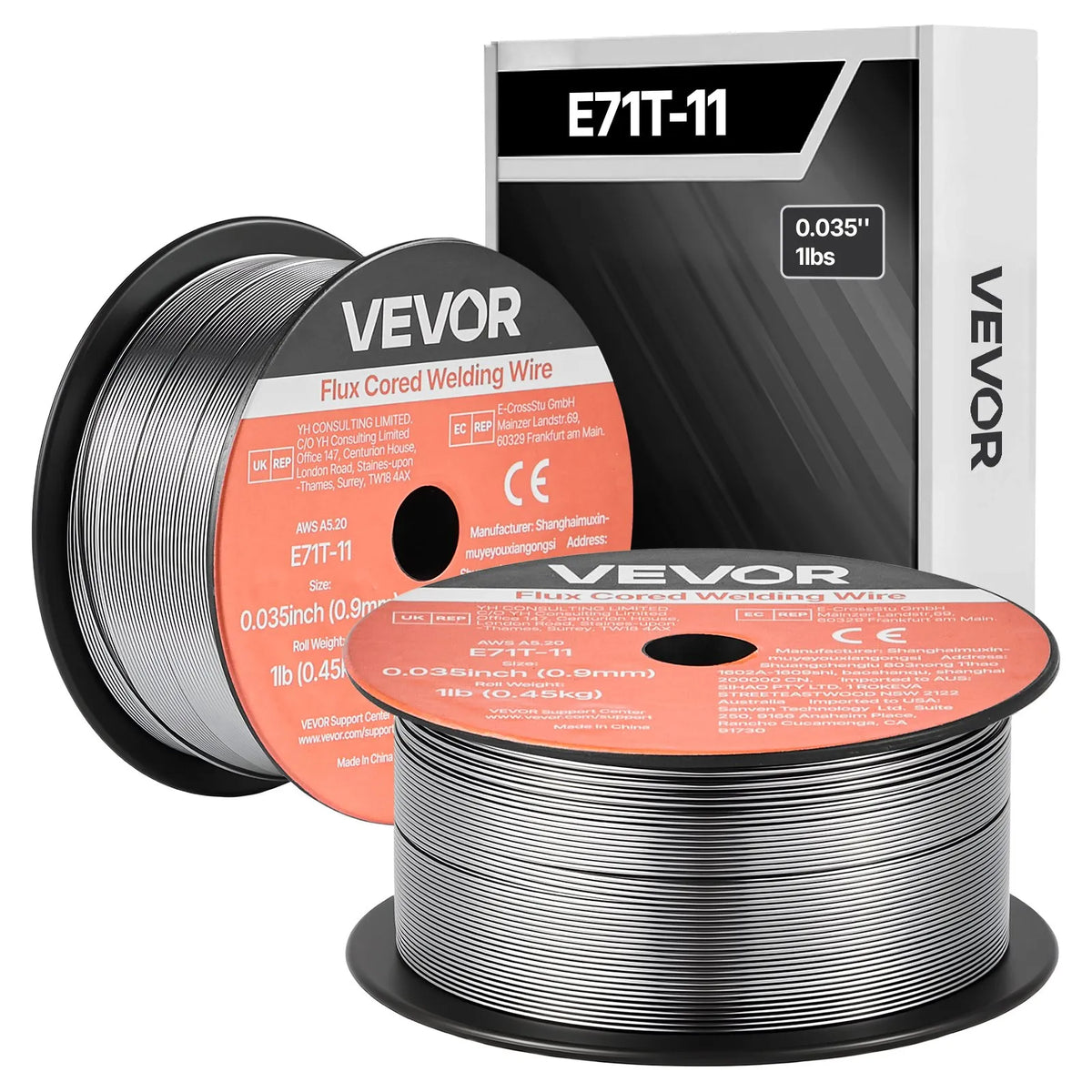 VEVOR Self-Shielded Flux-Cored Wire E71T-11, Ø0.9 mm, 2 × 0.45 kg, Gasless MIG Welding, Low Spatter, Suitable for All Welding Positions and Outdoor Work (2-Roll Set)