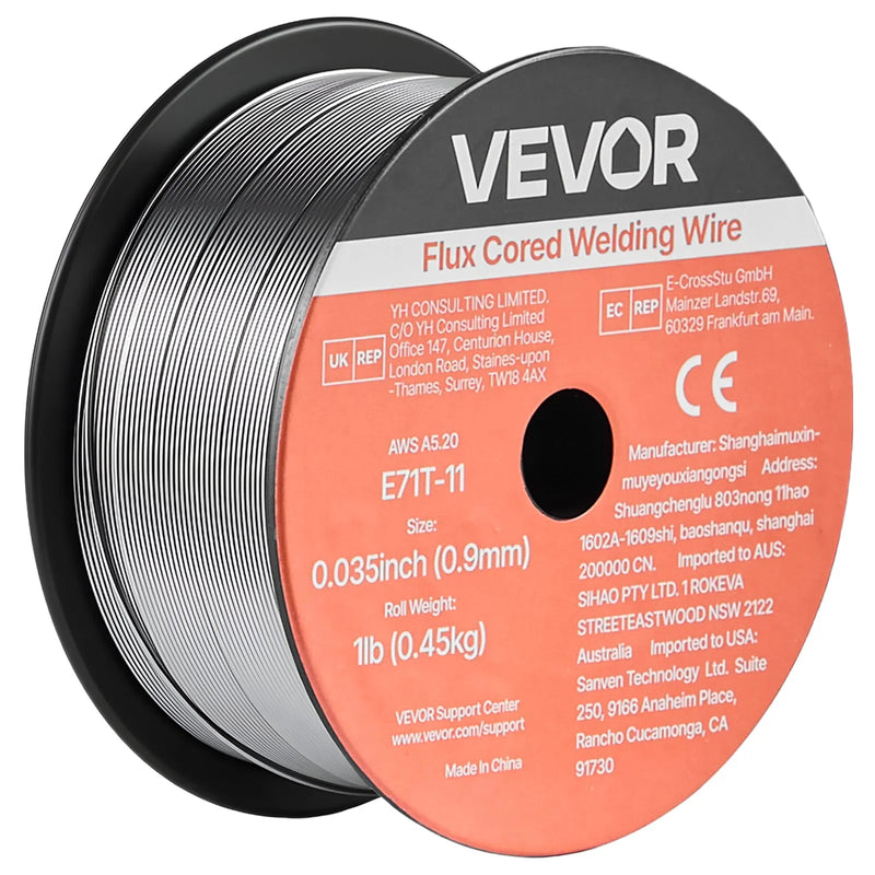 VEVOR pašekranētā pulverstieple E71T-11, Ø0,9 mm, 2 × 0,45 kg, bezgāzes MIG metināšanai, zema šļakstīšanās, piemērota visām metināšanas pozīcijām un darbam ārā (2 ruļļu komplekts)