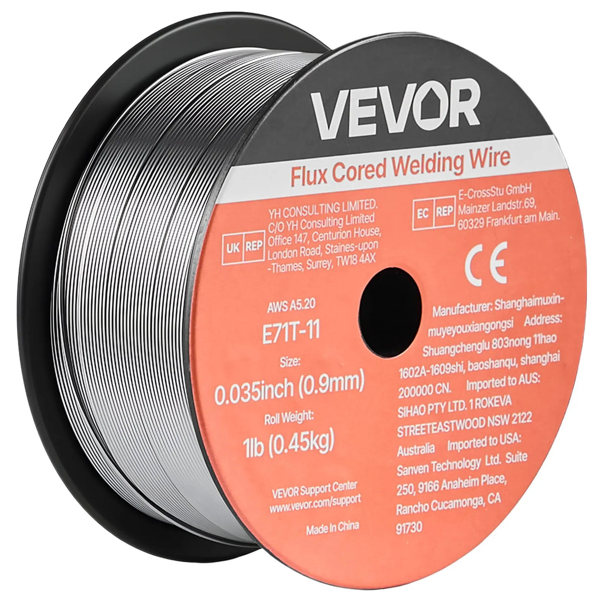 VEVOR Self-Shielded Flux-Cored Wire E71T-11, Ø0.9 mm, 2 × 0.45 kg, Gasless MIG Welding, Low Spatter, Suitable for All Welding Positions and Outdoor Work (2-Roll Set)