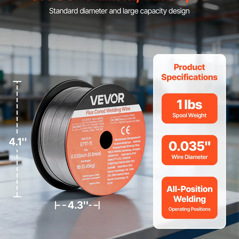 VEVOR pašekranētā pulverstieple E71T-11, Ø0,9 mm, 2 × 0,45 kg, bezgāzes MIG metināšanai, zema šļakstīšanās, piemērota visām metināšanas pozīcijām un darbam ārā (2 ruļļu komplekts)