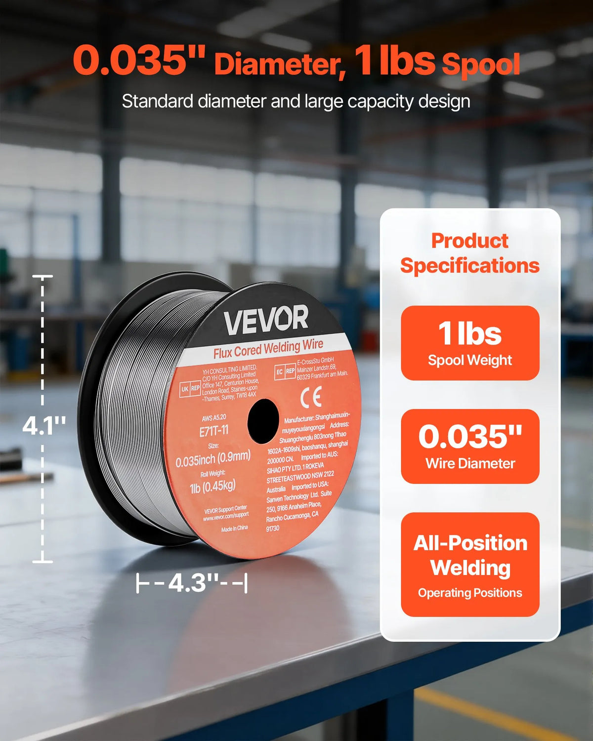 VEVOR Self-Shielded Flux-Cored Wire E71T-11, Ø0.9 mm, 2 × 0.45 kg, Gasless MIG Welding, Low Spatter, Suitable for All Welding Positions and Outdoor Work (2-Roll Set)