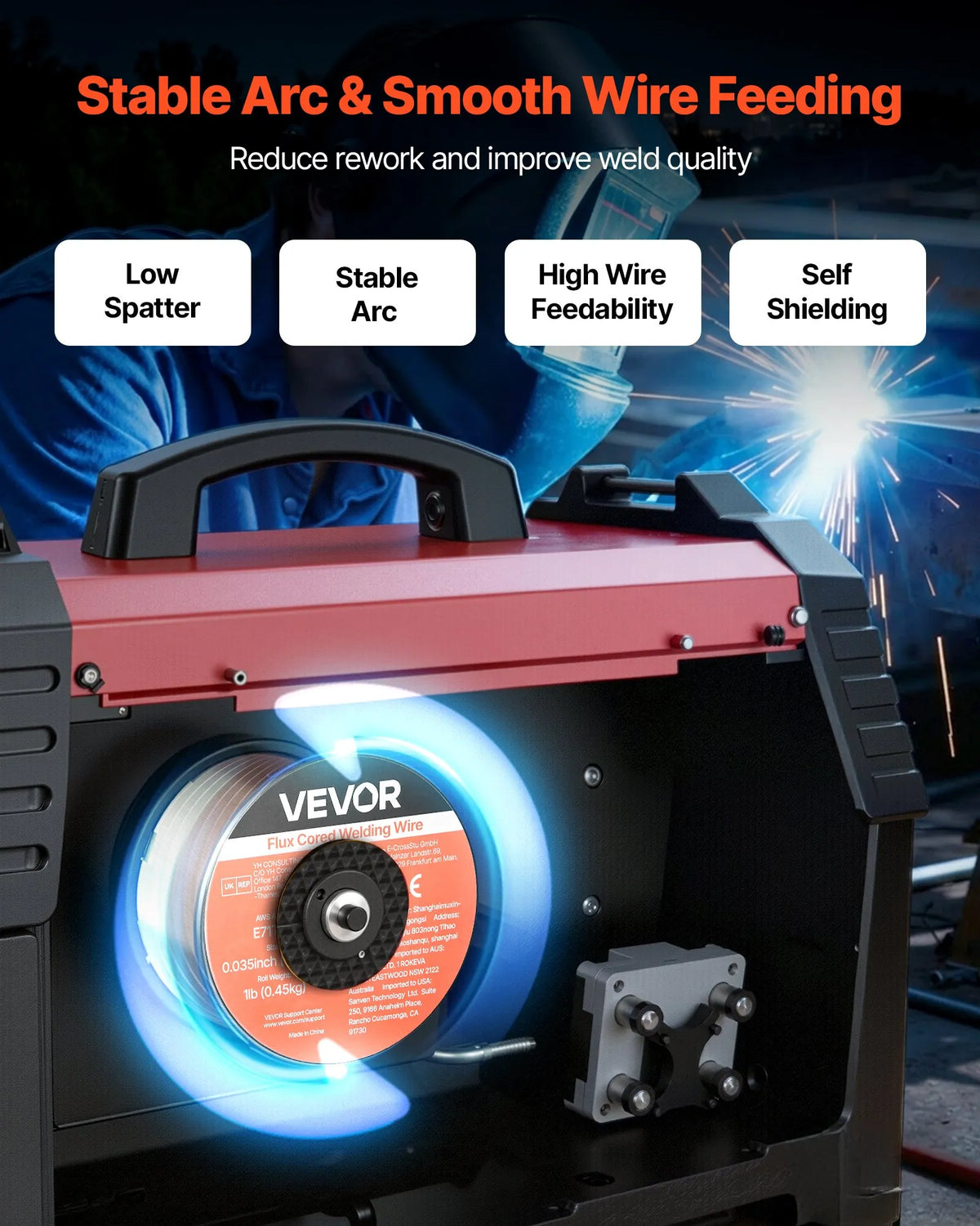 VEVOR Self-Shielded Flux-Cored Wire E71T-11, Ø0.9 mm, 2 × 0.45 kg, Gasless MIG Welding, Low Spatter, Suitable for All Welding Positions and Outdoor Work (2-Roll Set)