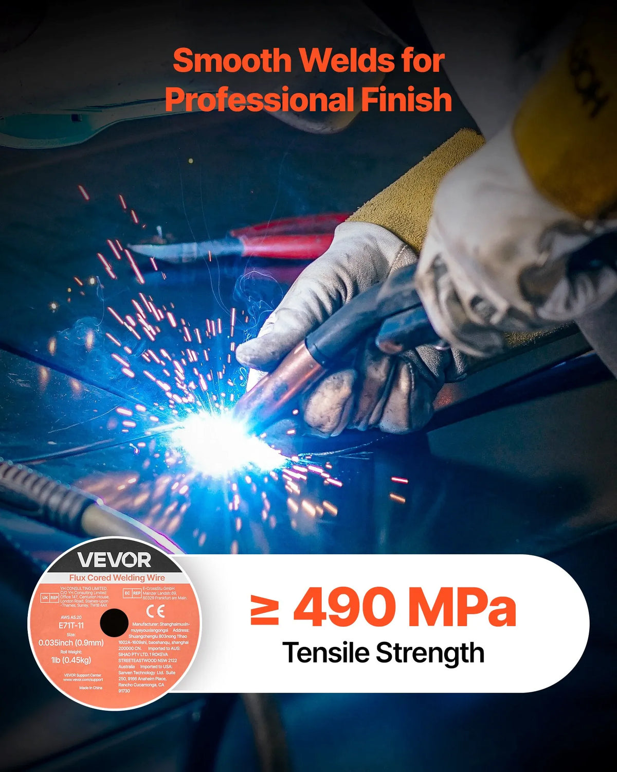 VEVOR Self-Shielded Flux-Cored Wire E71T-11, Ø0.9 mm, 2 × 0.45 kg, Gasless MIG Welding, Low Spatter, Suitable for All Welding Positions and Outdoor Work (2-Roll Set)