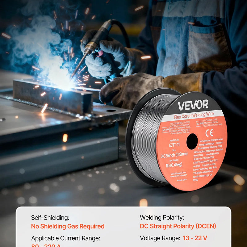 VEVOR pašekranētā pulverstieple E71T-11, Ø0,9 mm, 2 × 0,45 kg, bezgāzes MIG metināšanai, zema šļakstīšanās, piemērota visām metināšanas pozīcijām un darbam ārā (2 ruļļu komplekts)