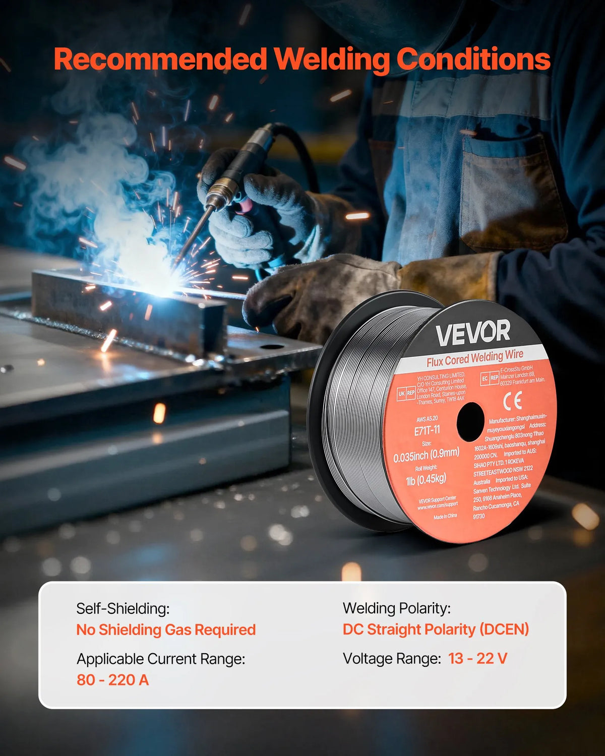 VEVOR Self-Shielded Flux-Cored Wire E71T-11, Ø0.9 mm, 2 × 0.45 kg, Gasless MIG Welding, Low Spatter, Suitable for All Welding Positions and Outdoor Work (2-Roll Set)