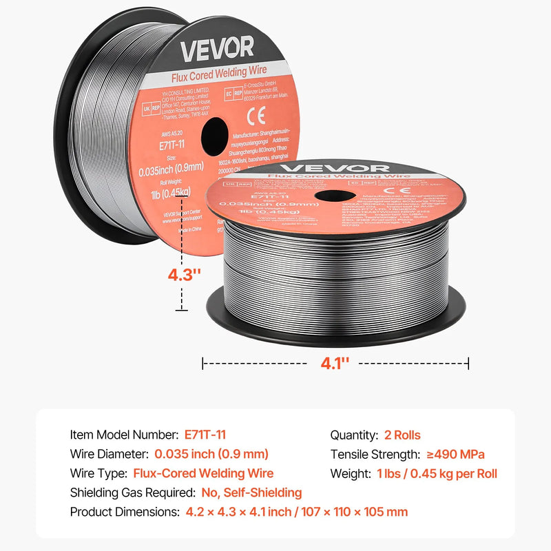 VEVOR pašekranētā pulverstieple E71T-11, Ø0,9 mm, 2 × 0,45 kg, bezgāzes MIG metināšanai, zema šļakstīšanās, piemērota visām metināšanas pozīcijām un darbam ārā (2 ruļļu komplekts)