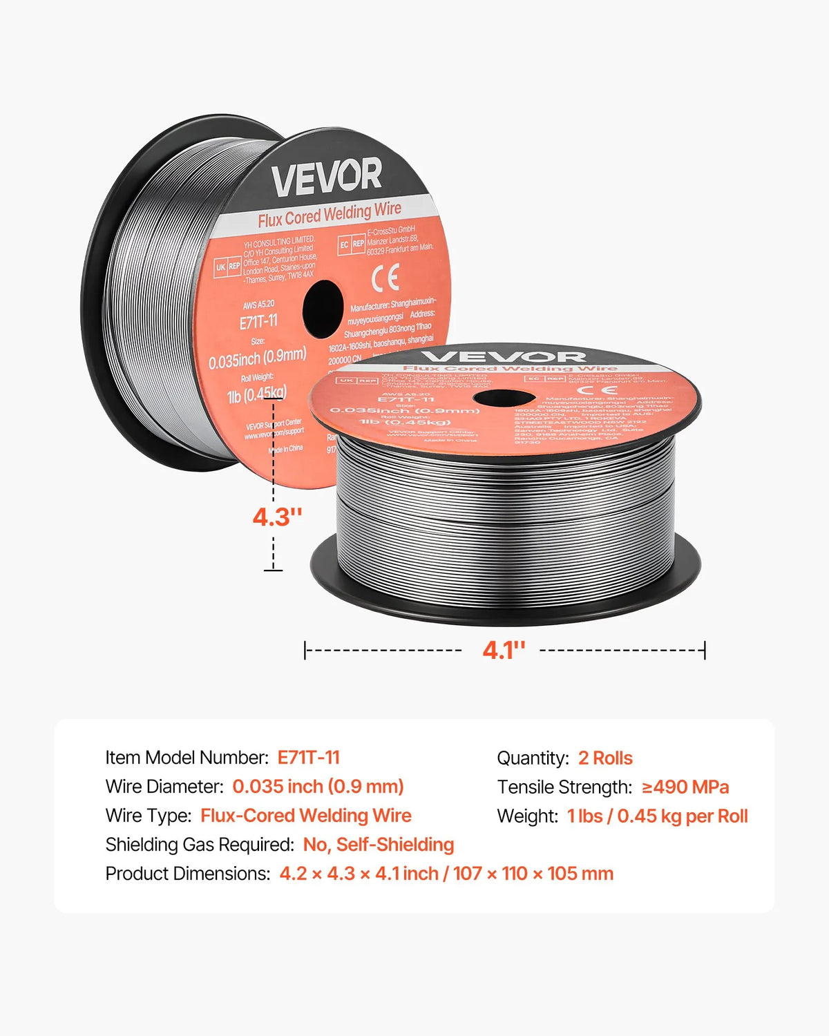 VEVOR Self-Shielded Flux-Cored Wire E71T-11, Ø0.9 mm, 2 × 0.45 kg, Gasless MIG Welding, Low Spatter, Suitable for All Welding Positions and Outdoor Work (2-Roll Set)