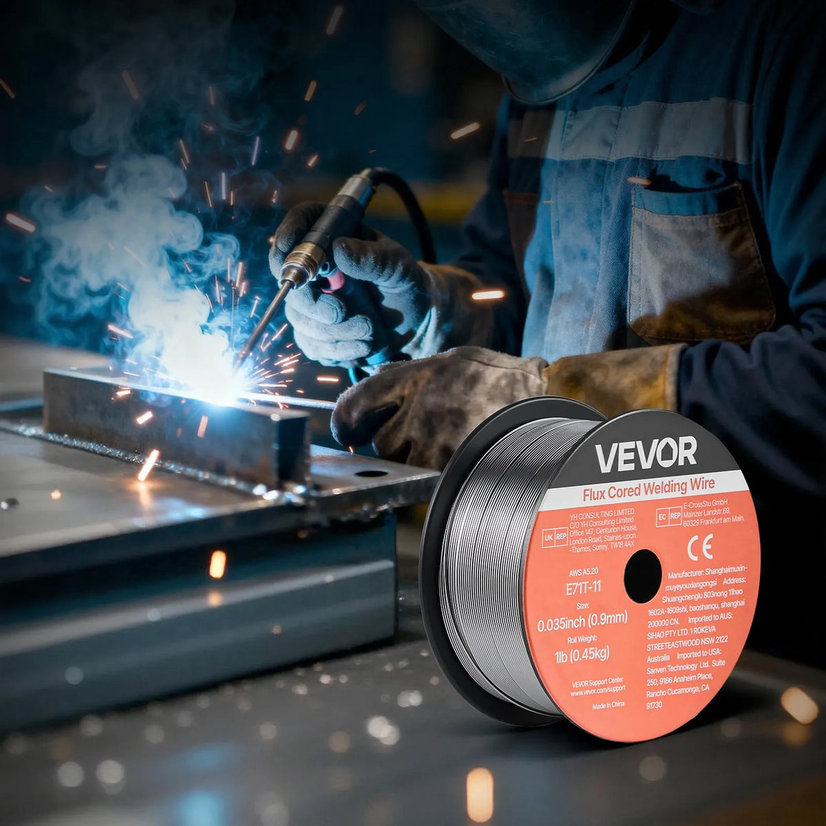 VEVOR Self-Shielded Flux-Cored Wire E71T-11, Ø0.9 mm, 2 × 0.45 kg, Gasless MIG Welding, Low Spatter, Suitable for All Welding Positions and Outdoor Work (2-Roll Set)