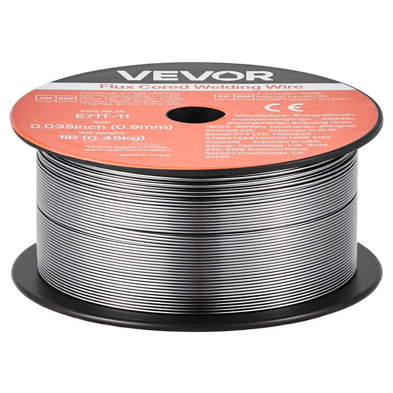 VEVOR pašekranētā pulverstieple E71T-11, Ø0,9 mm, 2 × 0,45 kg, bezgāzes MIG metināšanai, zema šļakstīšanās, piemērota visām metināšanas pozīcijām un darbam ārā (2 ruļļu komplekts)