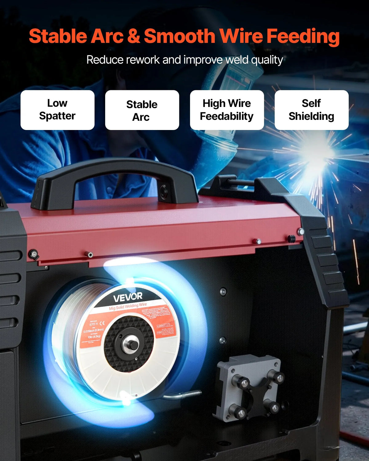 VEVOR Self-Shielded Flux-Cored Wire E71T-11, Ø0.9 mm, 4.5 kg, Gasless MIG Welding, Low Spatter, Suitable for All Welding Positions and Outdoor Work
