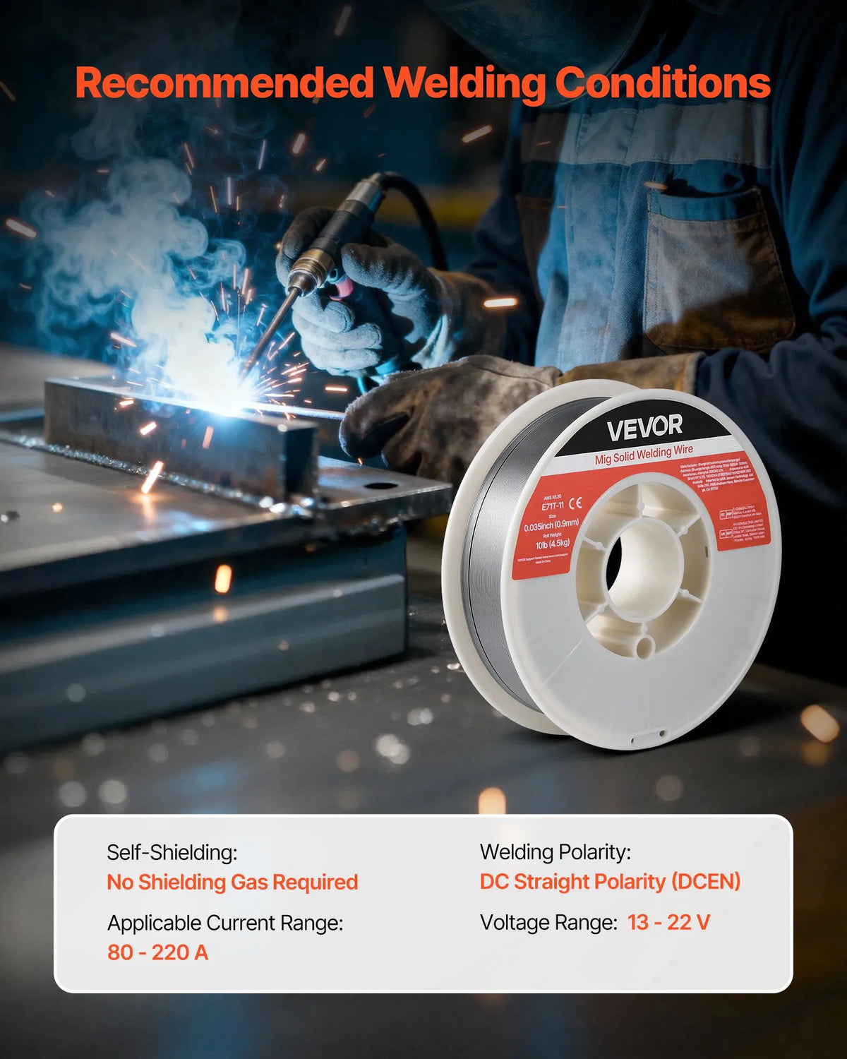 VEVOR Self-Shielded Flux-Cored Wire E71T-11, Ø0.9 mm, 4.5 kg, Gasless MIG Welding, Low Spatter, Suitable for All Welding Positions and Outdoor Work