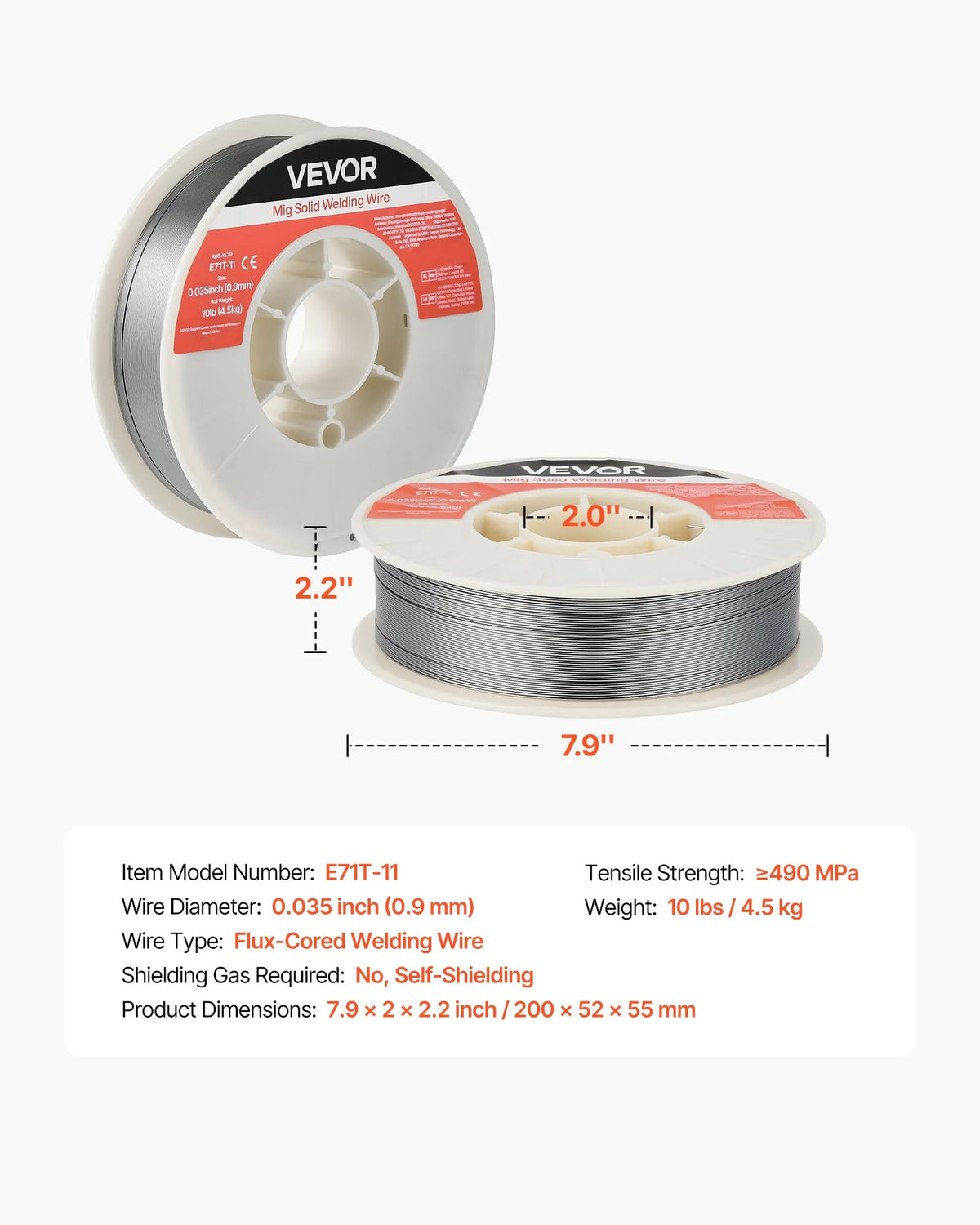 VEVOR Self-Shielded Flux-Cored Wire E71T-11, Ø0.9 mm, 4.5 kg, Gasless MIG Welding, Low Spatter, Suitable for All Welding Positions and Outdoor Work