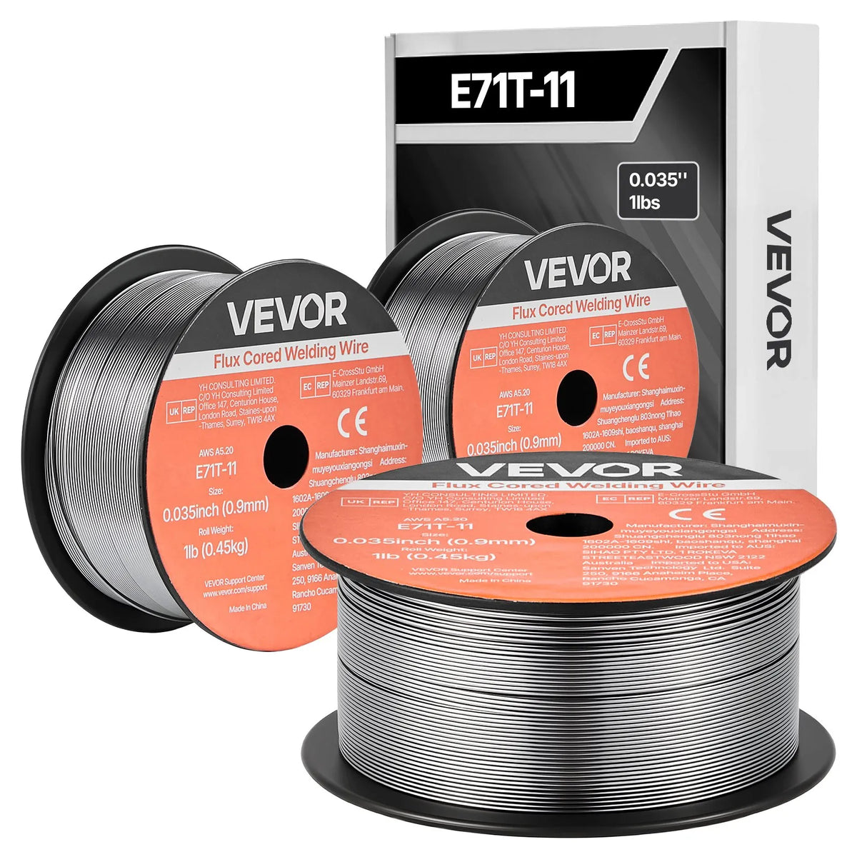 VEVOR Self-Shielded Flux-Cored Wire E71T-11, Ø0.9 mm, 3 × 0.45 kg, Gasless MIG Welding, Low Spatter, Suitable for All Welding Positions and Outdoor Work (3-Spool Set)