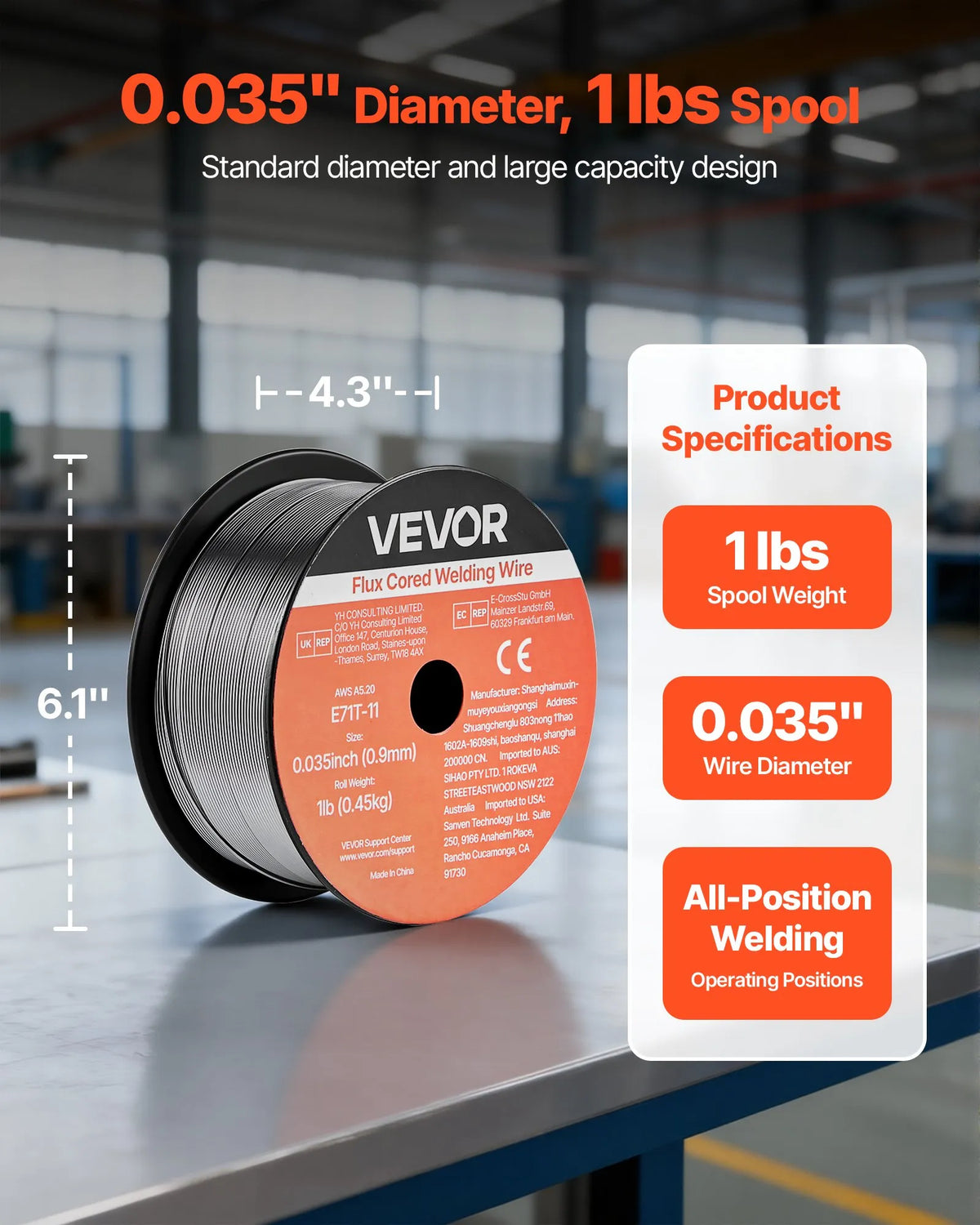 VEVOR Self-Shielded Flux-Cored Wire E71T-11, Ø0.9 mm, 3 × 0.45 kg, Gasless MIG Welding, Low Spatter, Suitable for All Welding Positions and Outdoor Work (3-Spool Set)