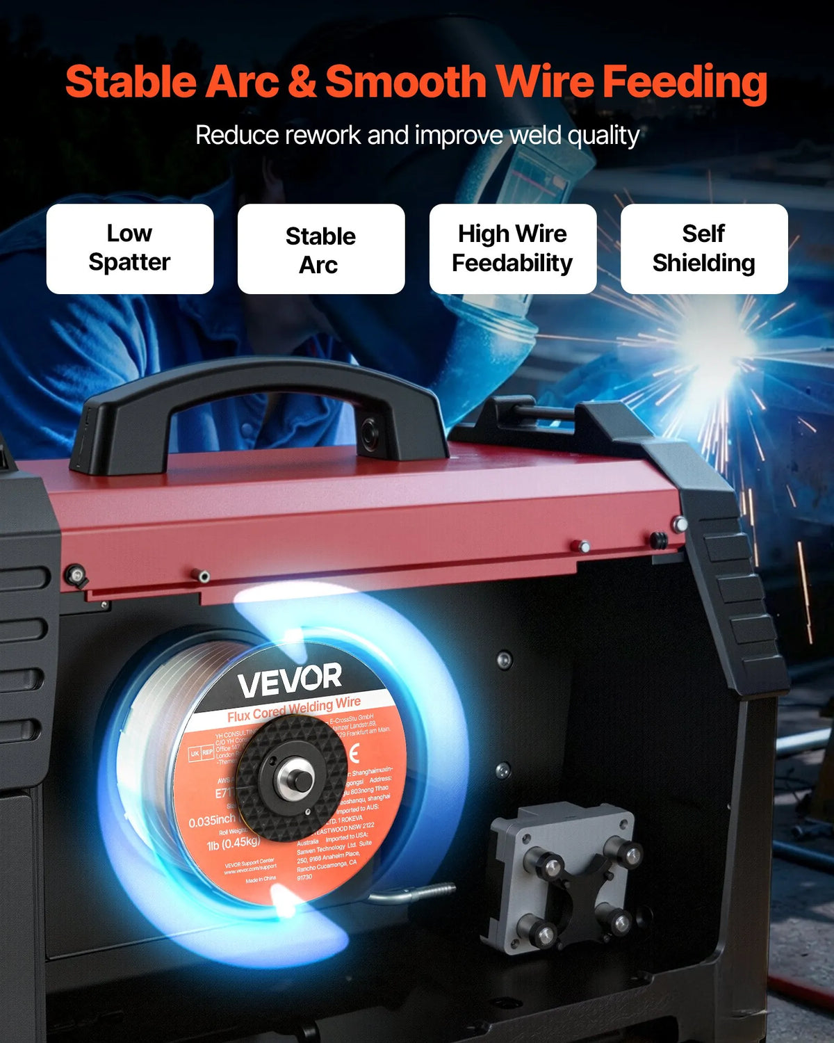 VEVOR Self-Shielded Flux-Cored Wire E71T-11, Ø0.9 mm, 3 × 0.45 kg, Gasless MIG Welding, Low Spatter, Suitable for All Welding Positions and Outdoor Work (3-Spool Set)