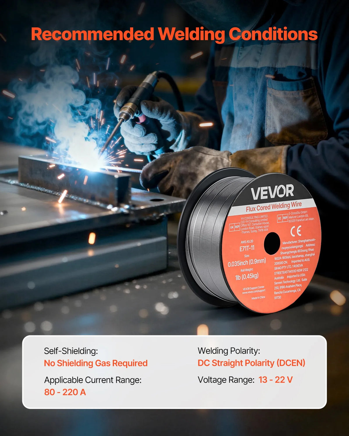 VEVOR Self-Shielded Flux-Cored Wire E71T-11, Ø0.9 mm, 3 × 0.45 kg, Gasless MIG Welding, Low Spatter, Suitable for All Welding Positions and Outdoor Work (3-Spool Set)