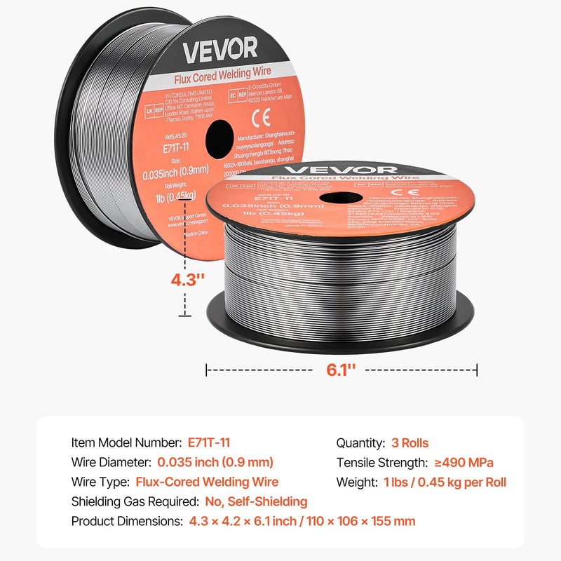 VEVOR pašekranētā pulverstieple E71T-11, Ø0,9 mm, 3 × 0,45 kg, bezgāzes MIG metināšanai, zema šļakstīšanās, piemērota visām metināšanas pozīcijām un darbam ārā (3 ruļļu komplekts)