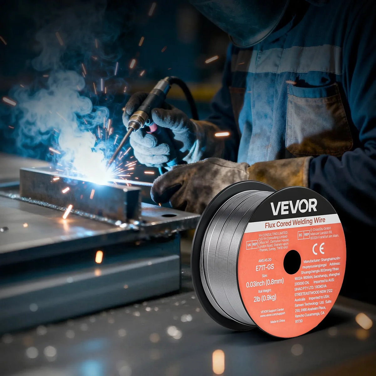 VEVOR Self-Shielded Flux-Cored Wire E71T-11, Ø0.9 mm, 3 × 0.45 kg, Gasless MIG Welding, Low Spatter, Suitable for All Welding Positions and Outdoor Work (3-Spool Set)