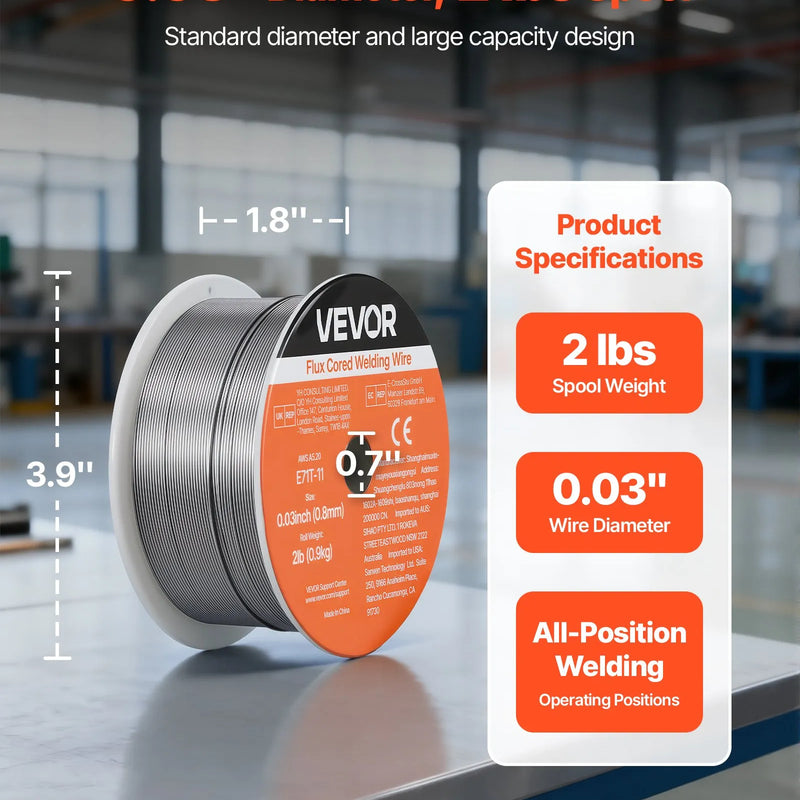 VEVOR pašekranētā pulverstieple E71T-11, Ø0,8 mm, 0,9 kg, bezgāzes MIG metināšanai, zema šļakstīšanās, piemērota visām metināšanas pozīcijām un darbam ārā
