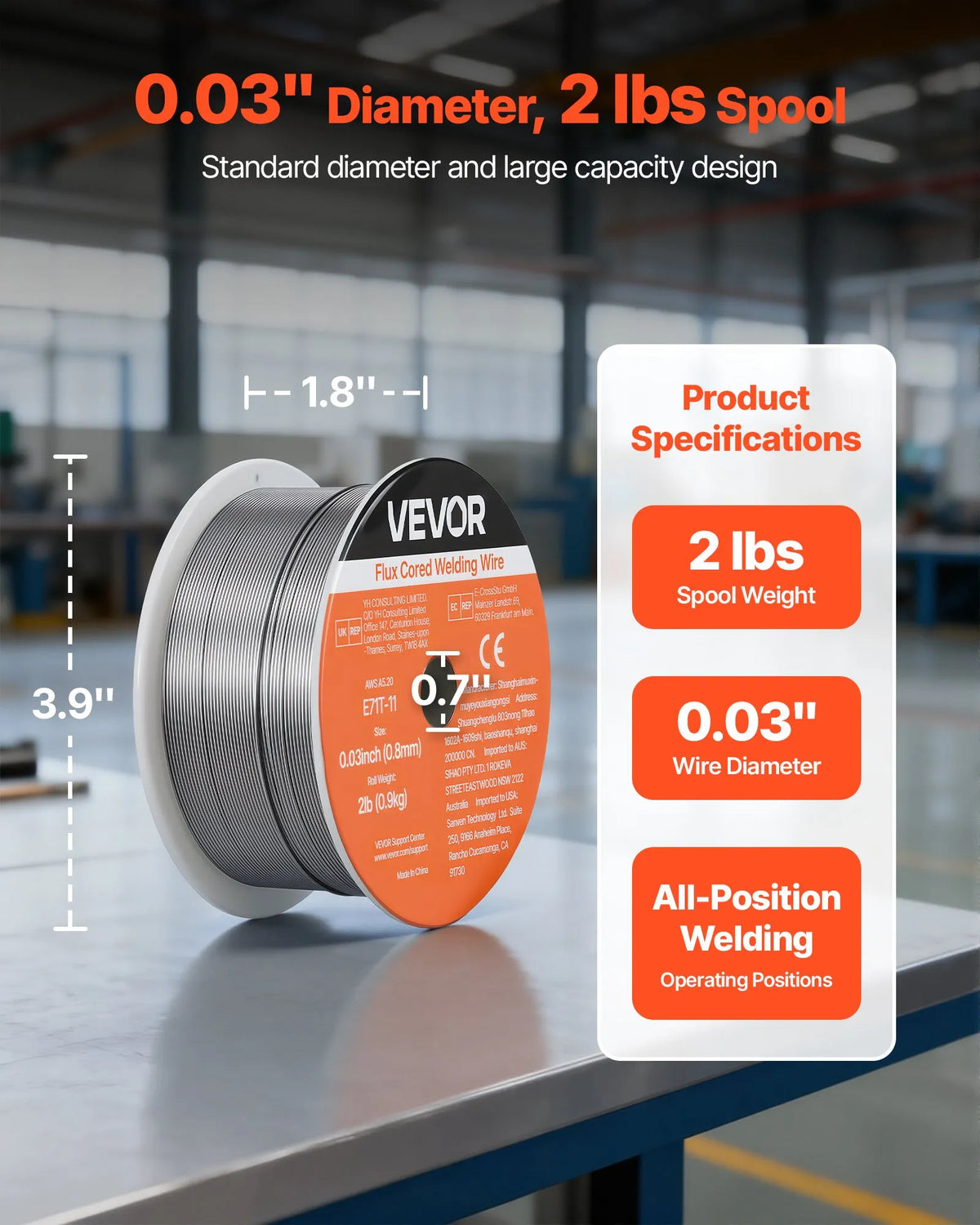 VEVOR Self-Shielded Flux-Cored Wire E71T-11, Ø0.8 mm, 0.9 kg, Gasless MIG Welding, Low Spatter, Suitable for All Welding Positions and Outdoor Work