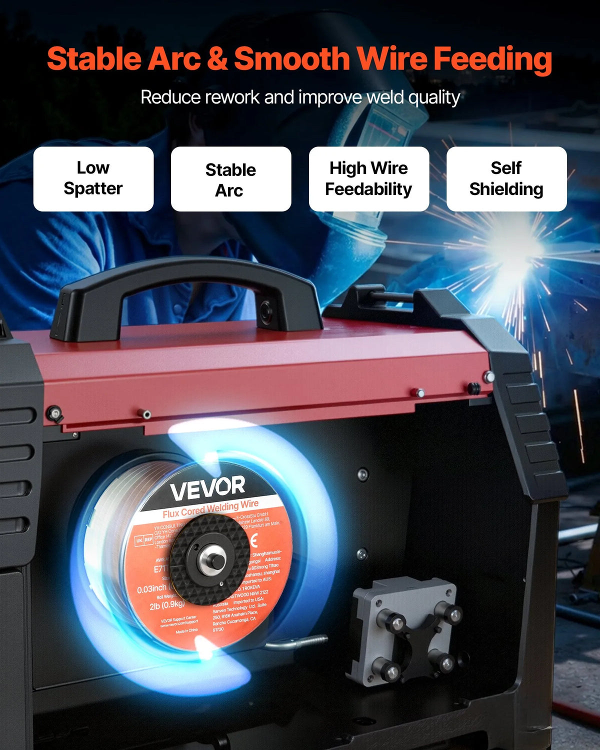 VEVOR Self-Shielded Flux-Cored Wire E71T-11, Ø0.8 mm, 0.9 kg, Gasless MIG Welding, Low Spatter, Suitable for All Welding Positions and Outdoor Work