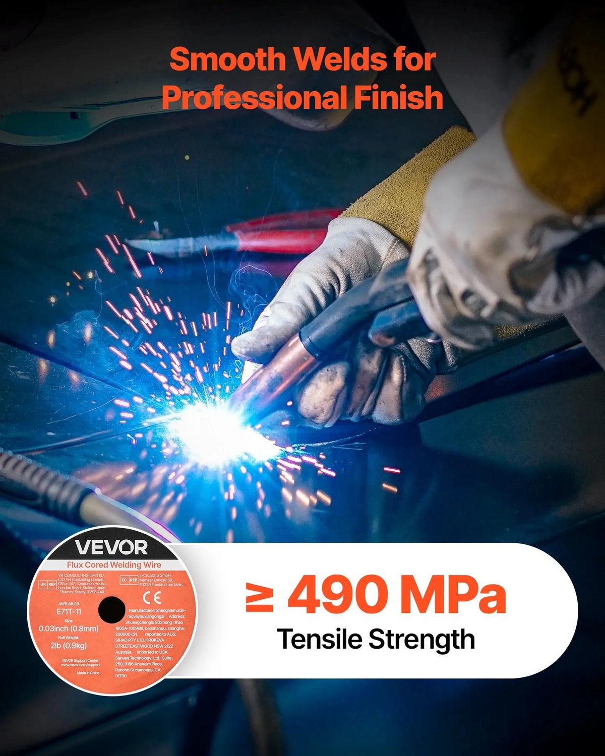 VEVOR Self-Shielded Flux-Cored Wire E71T-11, Ø0.8 mm, 0.9 kg, Gasless MIG Welding, Low Spatter, Suitable for All Welding Positions and Outdoor Work