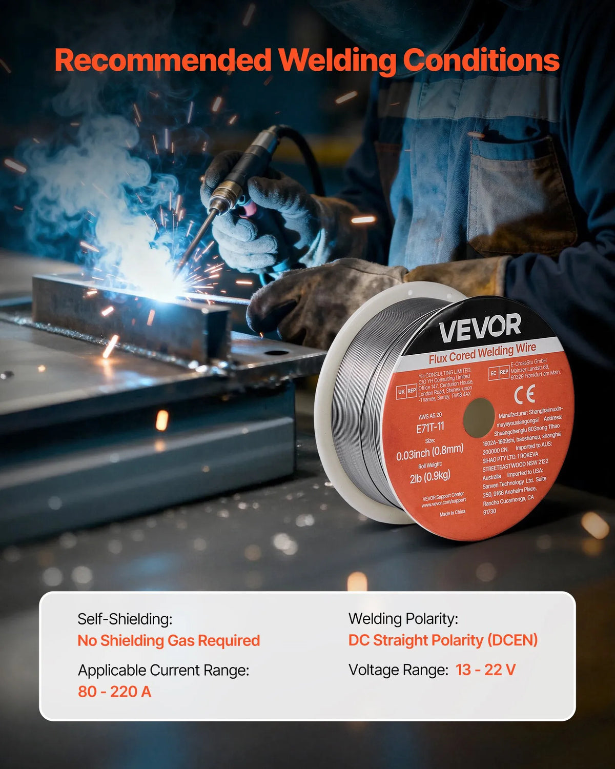 VEVOR Self-Shielded Flux-Cored Wire E71T-11, Ø0.8 mm, 0.9 kg, Gasless MIG Welding, Low Spatter, Suitable for All Welding Positions and Outdoor Work