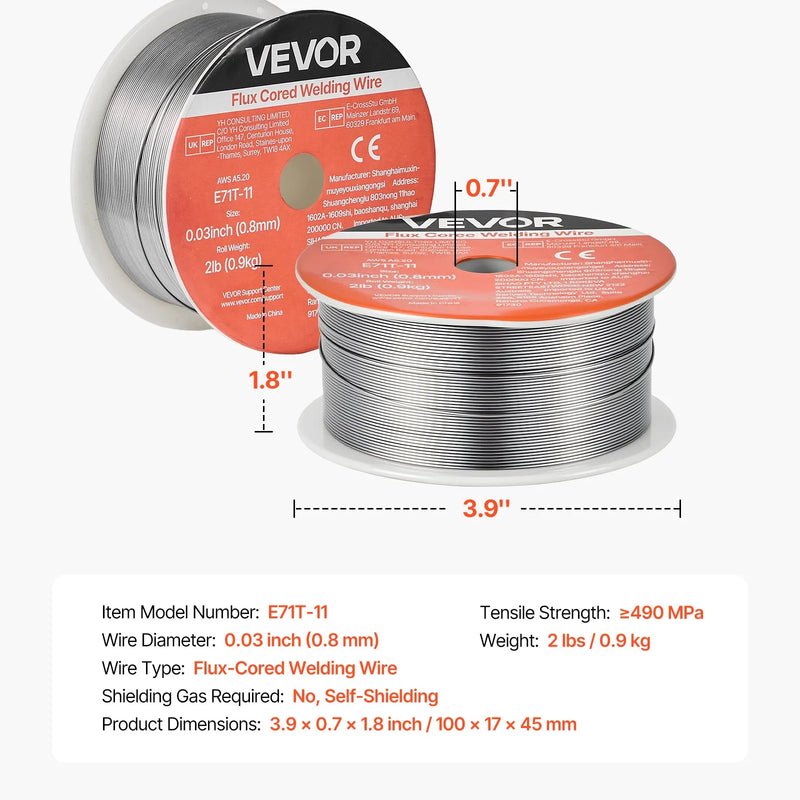 VEVOR pašekranētā pulverstieple E71T-11, Ø0,8 mm, 0,9 kg, bezgāzes MIG metināšanai, zema šļakstīšanās, piemērota visām metināšanas pozīcijām un darbam ārā