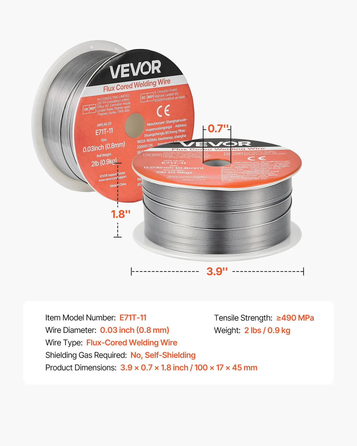 VEVOR Self-Shielded Flux-Cored Wire E71T-11, Ø0.8 mm, 0.9 kg, Gasless MIG Welding, Low Spatter, Suitable for All Welding Positions and Outdoor Work