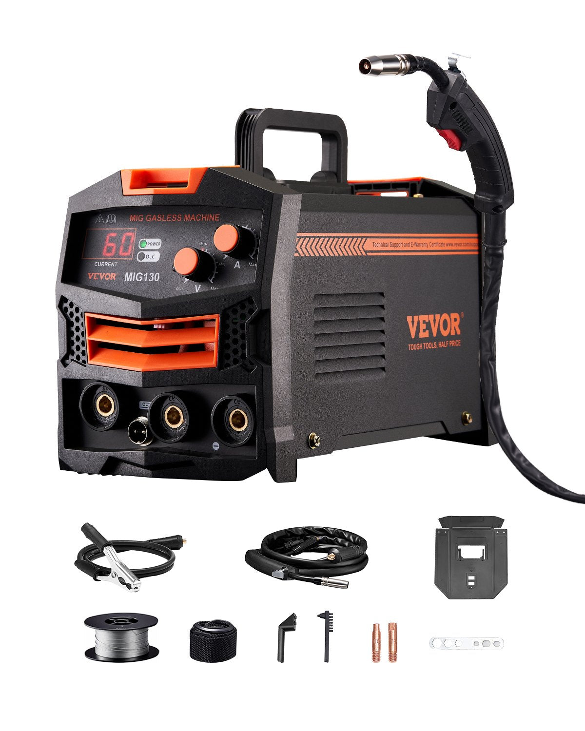 VEVOR MIG Welding Machine 130 A, Gasless Flux Core, Synergic, IGBT, Digital Display