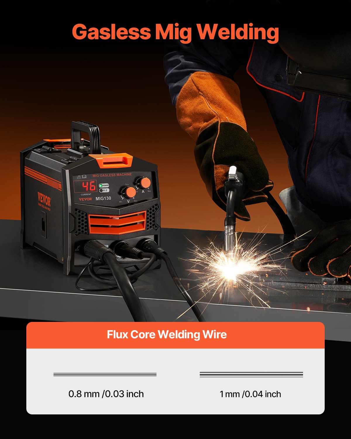 VEVOR MIG Welding Machine 130 A, Gasless Flux Core, Synergic, IGBT, Digital Display