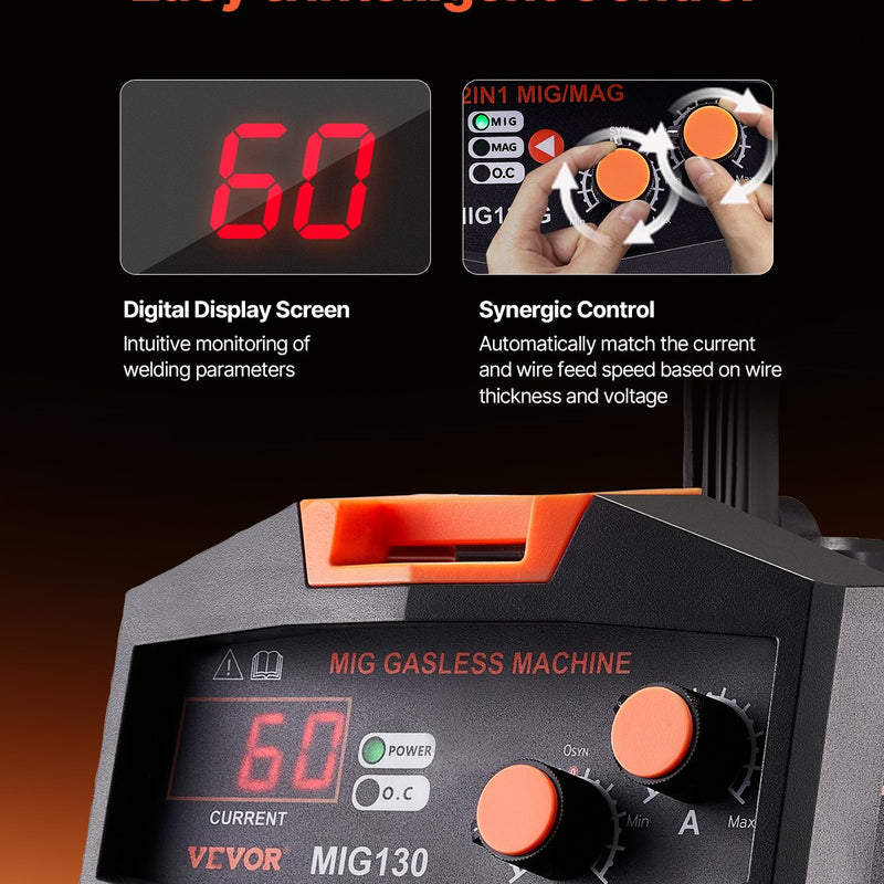 VEVOR bezgāzes 130 A MIG metināšanas aparāts ar pulverpildītu stiepli, IGBT invertorid