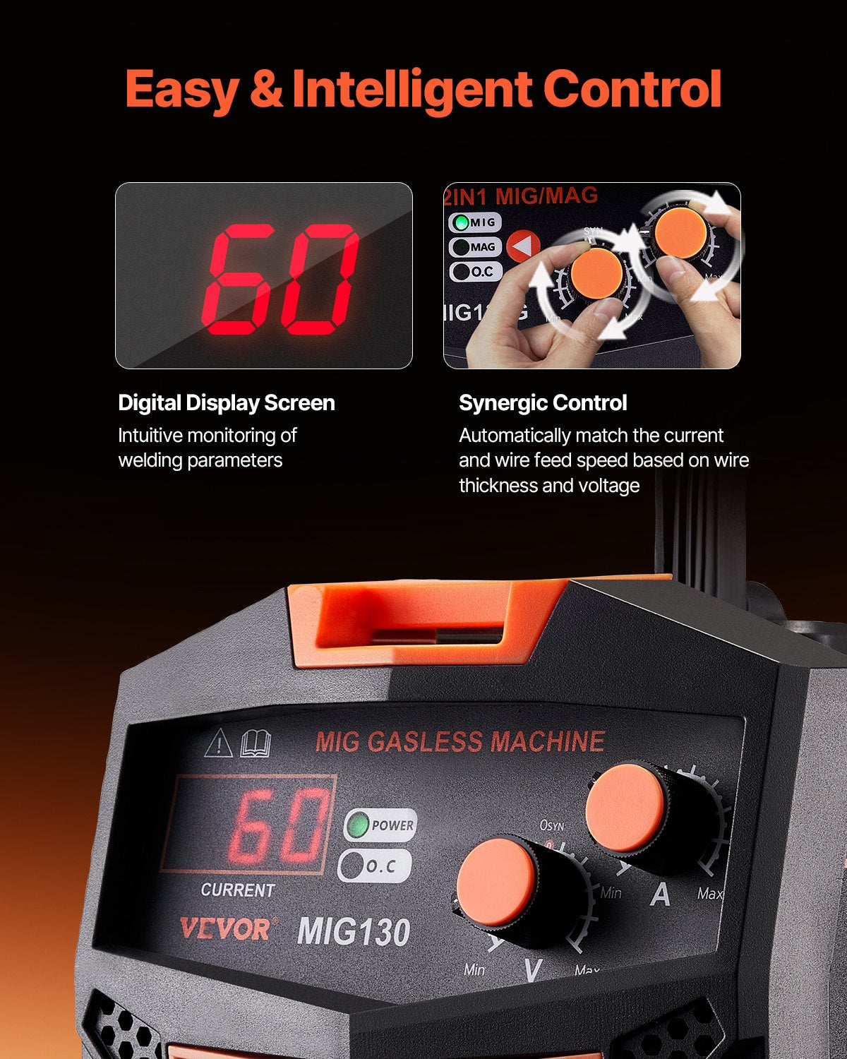 VEVOR MIG Welding Machine 130 A, Gasless Flux Core, Synergic, IGBT, Digital Display