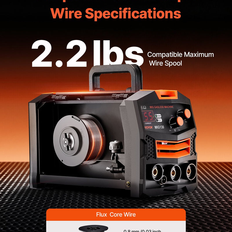 VEVOR bezgāzes 130 A MIG metināšanas aparāts ar pulverpildītu stiepli, IGBT invertorid